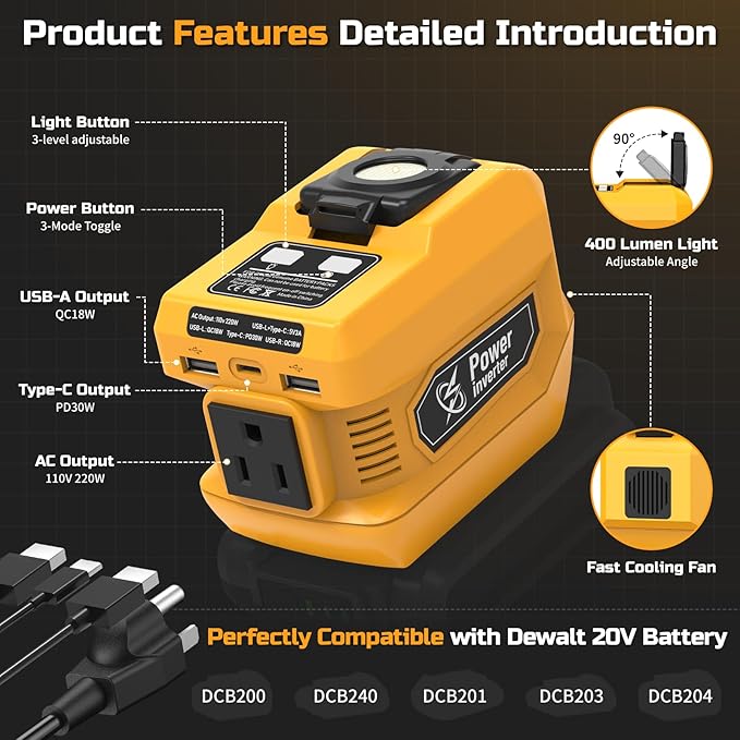 220W Power Inverter for Dewalt 20V Battery, DC 20V to AC 110V Portable Power Station Generator with 1 AC Outlet, 2 USB Ports & 1 Type-C Fast Charging, 400LM LED Work Light (2-Pack)