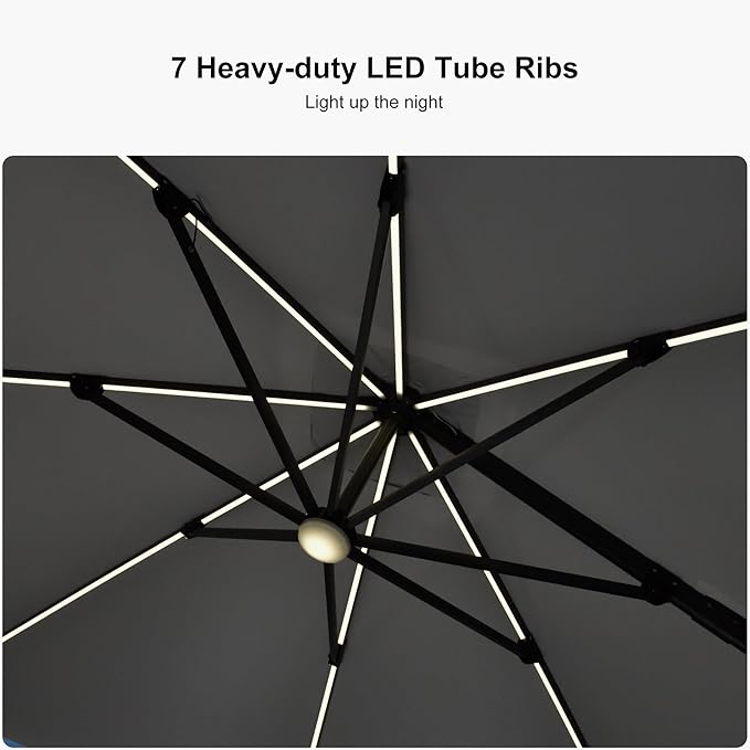 PURPLE LEAF 10 Feet Patio Umbrella with Base Outdoor Cantilever Solar Powered LED Square Umbrella Aluminum Offset Umbrella with 360-degree Rotation for Garden Deck Pool Patio Light Grey