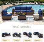 Aoxun 6 Piece Patio Furniture Set with Wide Armrests Wicker Rattan Outdoor Sectional Sofa Set with Coffee Table and Thickened Cushions, Brown/Blue(Waterproof Cover Included)