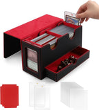 MRAUF MTG Deck Box with Double Commander Display and Dice Tray, Fits 200+ Double Sleeved Cards, Card Storage Box Plus 2 Magnetic Holders& 100Pcs Card Sleeves (Black& Red)