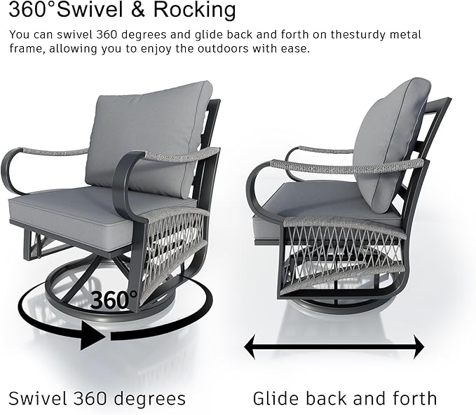 8 Pieces Patio Conversation Sets, All Weather Metal Outdoor Furniture Set, 2 Three-Seater, 2 Swivel Rockers, 2 Single Chairs, 1 Side Tables, 1 Fire Pit Table for Backyard Garden Deck Porch, Gray