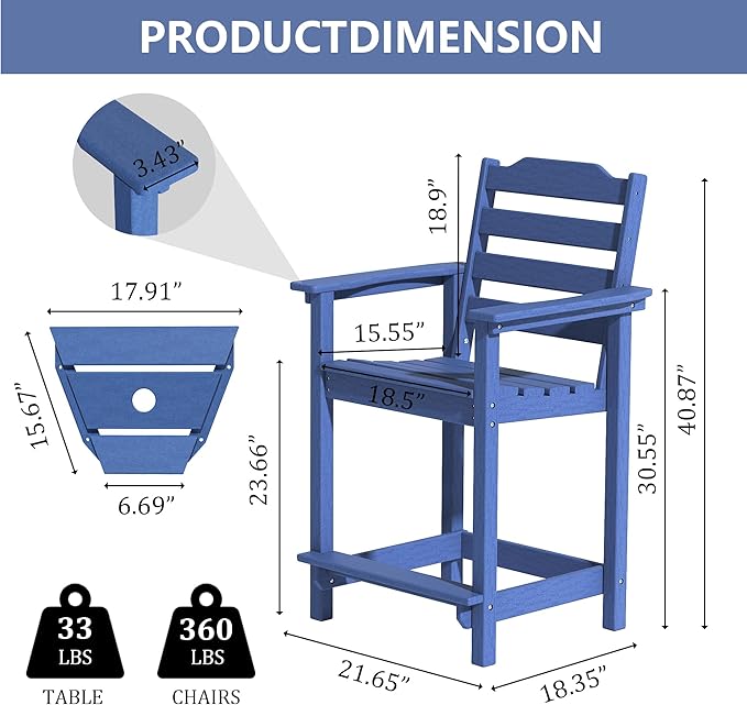 OTSUN Tall Adirondack Chairs Set of 2 with Connecting Tray, 24 inches HDPE Bar Height Outdoor Chairs, All Weather Resistant for Balcony, Porch, Kitchen (2 PC, Navy Blue)