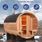 Customize Wood Burning Sauna 4-8 Person, Outdoor Canadian Red Cedar Barrel Sauna with Porch, Glass Window Option, Scenic Porch, Wood Stove, Luxurious Texture