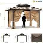 HOTEEL 10x12 Hardtop Gazebo Hot Tub Gazebo with Flame-Retardant Curtain Netting, Heavy Duty Pavilion with Galvanized Steel Double Roof, Aluminum Frame Outdoor Canopy for Patio, Party (2025 Upgraded)