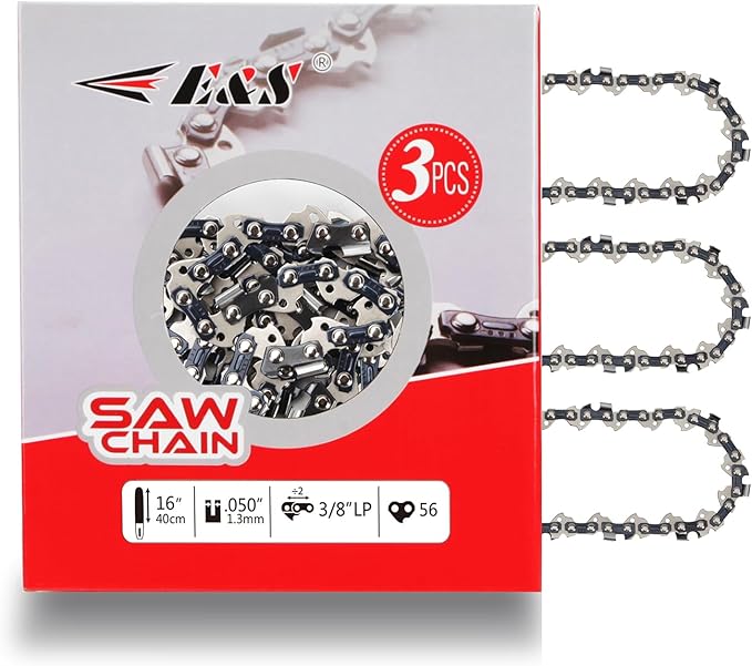 E & S 3 Pack 16 Inch Chainsaw Chain 3/8" LP Pitch .050" Gauge 56 Drive Links Semi-Chisel Chain Saw Chains for Husqvarna, Poulan, Craftsman, Greenworks and More Chainsaw Brands