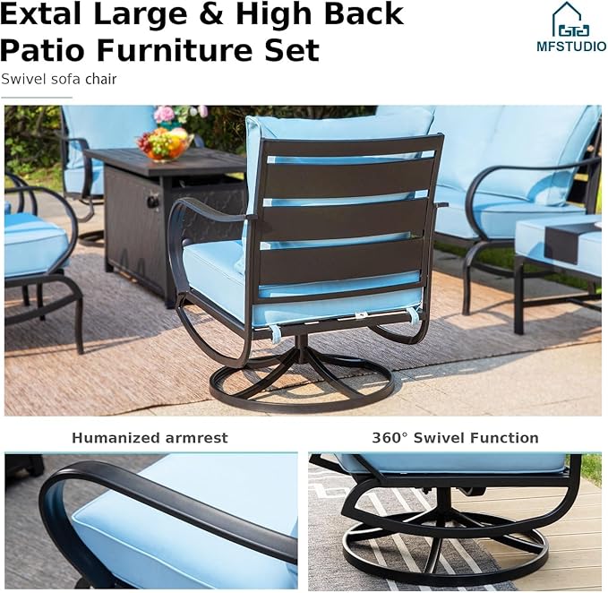 MFSTUDIO 6 Pieces Patio Furniture Sets with 45" Gas Fire Pit Table(Up to 7 Seat),Outdoor Metal Conversation Sofas with 1 x 3-Seat Sofa, 2 Swivel Chairs and 2 Ottoman,Blue Cushion