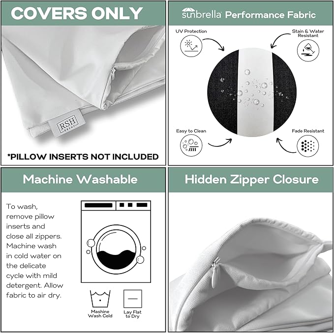 RSH DECOR: Sunbrella Pillow Covers Set of 4 | Covers Only - 20" x 12" | Outdoor Lumbar Pillow Covers Crafted with Sunbrella Performance Fabric | Shore Classic