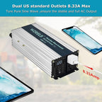 WZRELB 1000W Pure Sine Wave Inverter 12V DC to 110V 120V AC Power Converter with LED Display, Off-Grid Portable Power Inverter with 2 AC Outlets for Home, RV, Truck, Camping