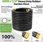 SPECILITE 3/4" Garden Hose 200 ft with High Flow Nozzle, Heavy Duty Flexible Hybrid Rubber Water Hose for Outdoor, Lightweight, Leak-Proof, No-Kink, 3/4"Brass Fittings,Black