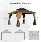 Domi Outdoor Living 12’x12’ Hardtop Gazebo, Wooden Coated Aluminum Frame Canopy with Galvanized Steel Double Roof, Outdoor Permanent Metal Pavilion with Curtains and Netting for Patio, Deck and Lawn
