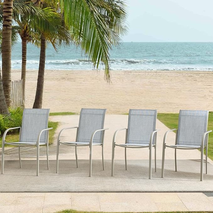 Outdoor Dining Chairs Set of 4, Stackable Patio Chairs with Textilene Fabric, Lightweight Garden Chairs for Poolside, Backyard, Camping, Beige