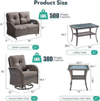 5 Piece Patio Furniture Set - Wicker Patio Conversation Set with Swivel Glider, Glider Loveseat, Tempered Glass Side Table and Coffee Table for Deck Backyard - Brown Wicker Grey Cushion