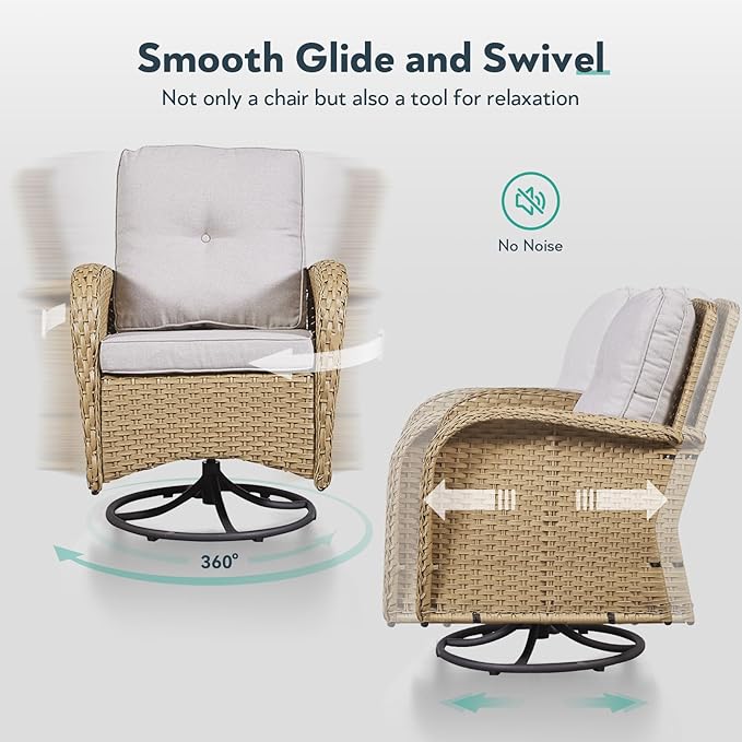 5 Piece Patio Furniture Set - Wicker Patio Conversation Set with Swivel Glider, Loveseat Bench, Tempered Glass Side Table and Coffee Table for Deck Backyard - Yellow Wicker Beige Cushion