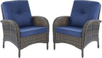 HUMMUH Outdoor Wicker Chairs Patio Dining Chairs Set of 2 with High Back and Deep Seat for Garden,Porch,Backyard,Balcony (Brown/Blue)