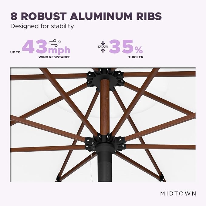 Midtown Umbrellas The Wooden 9 Feet Patio Umbrella With Terylast Ivory (White) Polyester Fabric - Aluminum Frame Market Umbrella For Backyard, Deck, Garden, Pool - Wooden Pole