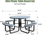8-Person Picnic Tables for Outdoors, Industrial 46" Expanded Metal Round Picnic Table with 4 Benches & Umbrella Hole, Outside Table and Bench Set for Park, Garden, Backyard, Patio, Grey