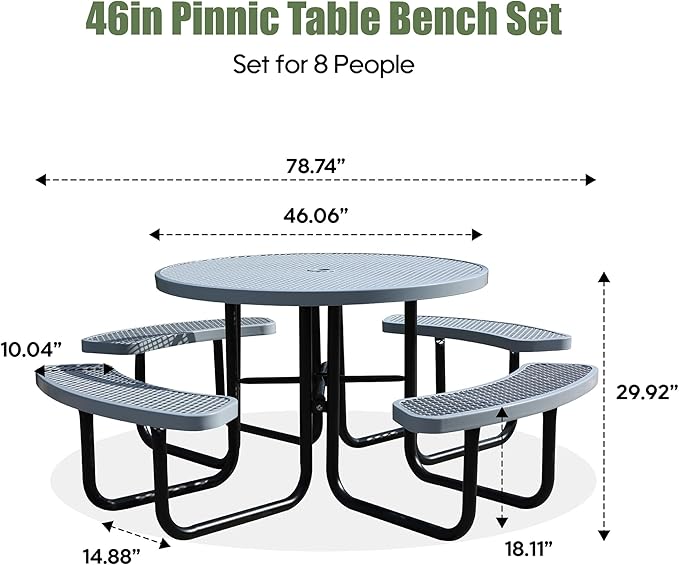 8-Person Picnic Tables for Outdoors, Industrial 46" Expanded Metal Round Picnic Table with 4 Benches & Umbrella Hole, Outside Table and Bench Set for Park, Garden, Backyard, Patio, Grey