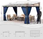 Gotland 10FTx14FT Outdoor Wall Mounted Hardtop Pergola, Metal Frame Gazebo with Sloping Sun Panel Roof and Double Curtains for Patio, Garden, Lawn, Navy