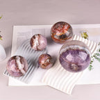 JIC Gem Natural Amethyst Agate Crystal Sphere with Wooden Stand Amethyst Decorative Crystal Gemstone Sphere for Meditation Feng Shui Witch-Style Decor Table 70-80mm