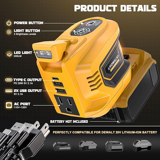2 Packs Power Inverter Compatible With Dewalt 20V, LIVOWALNY Real 200W Battery Inverter 20V to 110V Power Adapter Charger Adapter Power Station Power Supply 2 USB & 1 Type-C & 1 AC Outlet (No Battery)