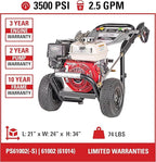 Simpson 61014 3500 PSI at 2.5 GPM Honda GX200 with AAA AX300 Axial Cam Pump Cold Water Professional Gas Pressure Washer PS61002-S