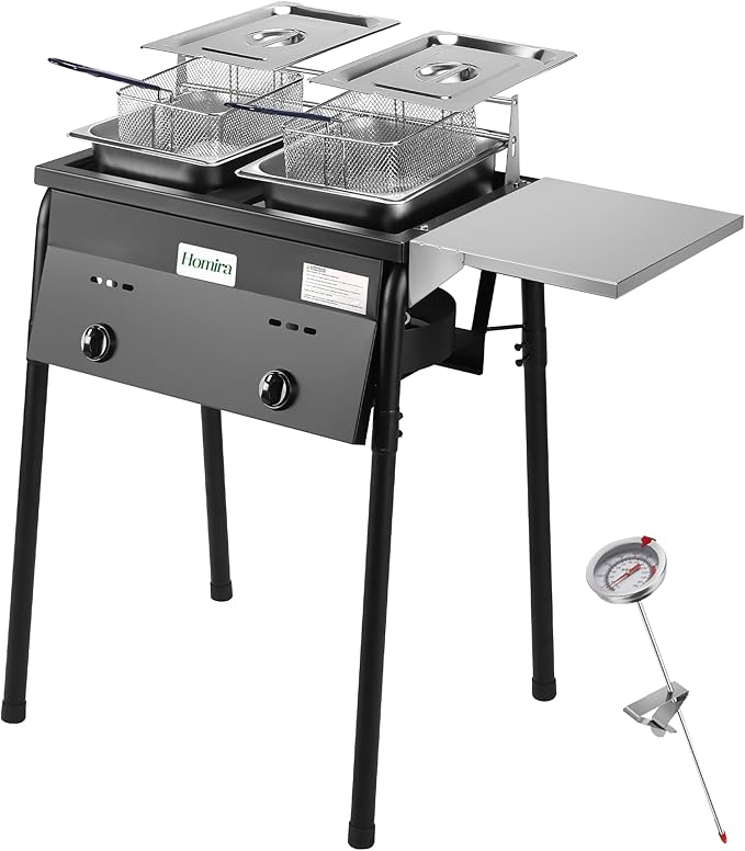 HOMIRA Iron Two-Tank Propane Deep Fryer with Thermometer, 2 Stainless Steel Baskets and Lids Fish Fryer with Adjustable Temperature Regulator, Outdoor Dual Fryer for Frying