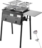 HOMIRA Iron Two-Tank Propane Deep Fryer with Thermometer, 2 Stainless Steel Baskets and Lids Fish Fryer with Adjustable Temperature Regulator, Outdoor Dual Fryer for Frying