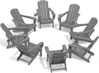 SERWALL Folding Adirondack Chair Set of 8, Adjustable Adirondack Chair with 3 Recline Positions, All Weather HDPE Outdoor Adirondack with Cup Holders, Gray