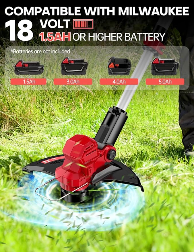 Cordless Weed Wacker, for Milwaukee M18 Battery,3 in 1 Battery Powered Weed Eater & Edger & Mower with Auto Line Feed, 20000 RPM 12 Inch Brushless Grass Trimmer, 6 Line Spools String Trimmer for Lawn