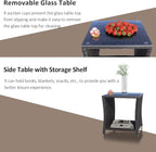 Outdoor Rattan Side Table, Modern Patio End Side Table with Glass Top and Storage Shelf, Wicker Side Table for Yard, Balcony, or Livingroom