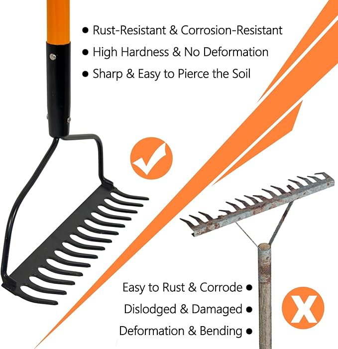 Garden Rake - 14 Tine Heavy Duty Rake with 58 Inch Fiberglass Handle
