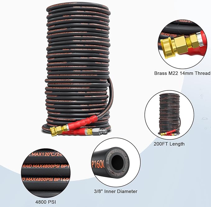 Pressure Washer Hose 200FT, 3/8" Power Washer Hose Steel Wire Braided with Swivel Quick Connect, Commercial Grade Industrial High Pressure Water Washing Hose (4800PSI, 200FT)