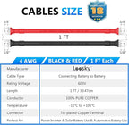 LEESKY 4 AWG Battery Cables 4 Gauge 1 Feet Pure Copper Battery Inverter Cables 3/8 Inch Terminals for Golf Cart, Power Inverter, Solar, RV, Marine