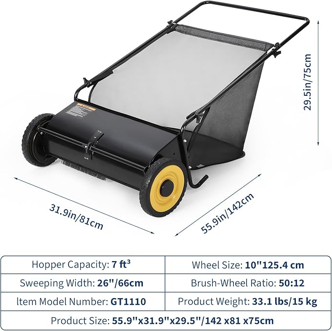 GAOMON 26-Inch Push Lawn Sweeper, Grass, Lawn and Leaf Cleanup Collector with Large 7 cu. ft. Hopper Bag, and Dual Spinning Brushes, Black