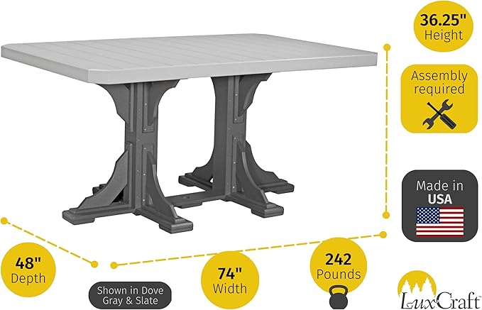 LuxCraft Poly 4' x 6' Rectangular Dining Table, 36.25" Height, Outdoor Patio Table, Made with Recycled Plastics, Made in USA (Weatherwood & Black)