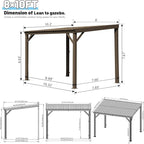 Domi 8’x10’ Lean-to Gazebo, Hardtop Wall-Mounted Gazebo Pergola with Sloping Galvanized Steel Roof and Upgraded Drainage System, Outdoor Permanent Metal Shelters for Patio Backyard Deck, Brown