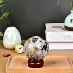 JIC Gem Natural Black and White Tourmaline Crystal Sphere with Wooden Stand Black Quartz Crystal Ball Healing Ornament Specimen Altar Reiki Crystal 60-70mm
