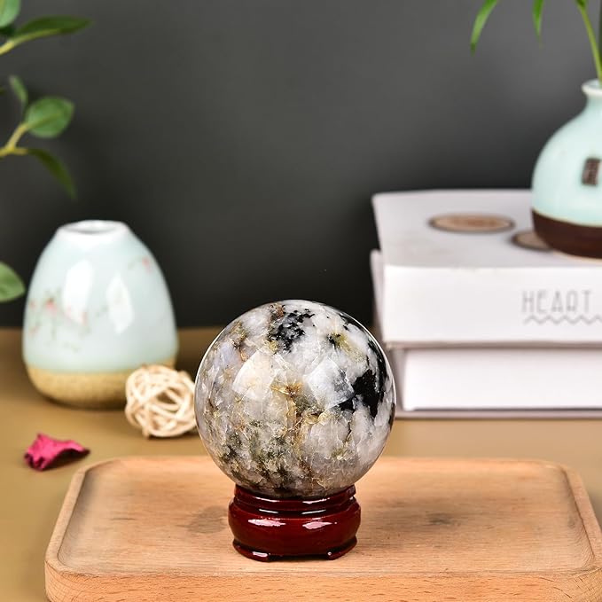 JIC Gem Small Black and White Tourmaline Crystal Sphere - Healing Crystal for Home Decor, Feng Shui, Divination or Fortune Telling, 50-60mm