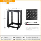 RIVECO 15U 19 Inch Open Frame Server Rack with Wheels Including 1U Rack Shelf & Power Strip Universal for 19" Network Equipment Black