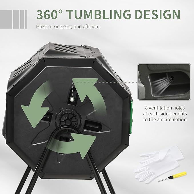 Compost Bin Outdoor, 43 Gallon Dual Chamber Tumbling Composting with Sliding Doors, Large Compost Tumbler, Compost Bin for Garden, Kitchen, and Yard Waste, Black+Green
