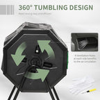 Compost Bin Outdoor, 43 Gallon Dual Chamber Tumbling Composting with Sliding Doors, Large Compost Tumbler, Compost Bin for Garden, Kitchen, and Yard Waste, Black+Green