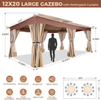 COBIZI Gazebo 12x20 Heavy Duty Gazebos with Curtain and Netting Outdoor Gazebo Canopy Double Roof Patio Gazebos with Metal Steel Frame for Patio, Deck, Backyard (Khaki)