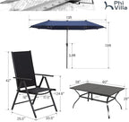 PHI VILLA 7 Piece Patio Dining Furniture Set with Umbrella (Blue), Outdoor Table and Chairs for 6, Foldable Patio Dining Chairs (Black) with Adjustable Backrest & Metal Dining Table for Garden, Deck