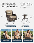 HILLGA Luxury Patio Furniture Set with 6-Inch Thick Cushions, High Back Outdoor Swivel Rocker Chairs and Table, 3-Piece All Weather Conversation Set for Porch Deck Balcony Yard, Beige (V3)