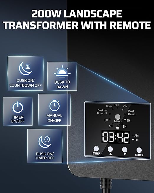 DEWENWILS 200W Low Voltage Landscape Transformer, 120V AC to 12V DC, Outdoor Landscape Lighting Transformer with Remote, Photocell Sensor & Timer, Weatherproof for Garden Spotlights Pathway Lights