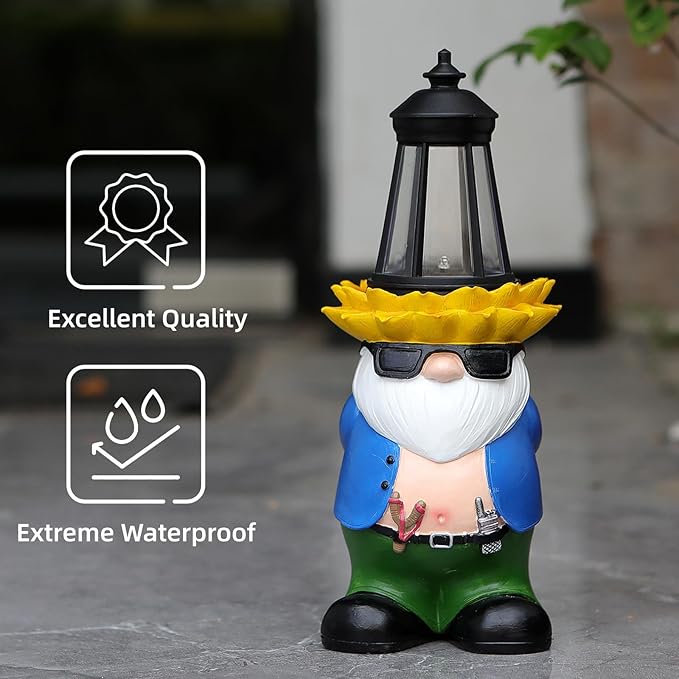 Garden Gnome Statue with Solar Lantern Lights Guardian Sculptures Outdoor Decorations Patio Lawn Yard Garden Decor Large Figurine Gifts for Women Mom
