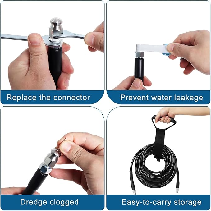 150FT Sewer Jetter Kit for Pressure Washer, 5800PSI Water Jet Durable Drain Cleaner Hose 1/4 Inch NPT Corner with 4 Specialized Nozzles，Waterproof Tape, Pearl Corsage Pin, Handle Strap & 2 Spanners