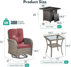 7 Piece Patio Furniture Set with Fire Pit Table - Wicker Patio Conversation Set with 4 Swivel Glider Chairs and 2 Tempered Glass Side Tables for Deck Backyard - Grey Wicker Red Cushion
