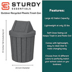 42 Gallon Round Slatted 100% Recycled Plastic Indoor or Outdoor Commercial Trash Can with Easy Access Swing Top Lid | Great for Schools and Businesses - Dark Granite