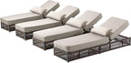 Luxury Outdoor Chaise Lounges with 5 Inch Thickened Cushions - Set of 4 High Back Brown Wicker Patio Recliners Rattan Reclining Chairs Porch Poolside Pool Sunbathing Lounger- Beige